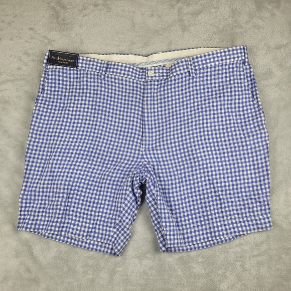 New Polo Ralph Lauren Mens 42 100% Linen Blue Gingham Check Shorts Straight Fit - Picture 1 of 10